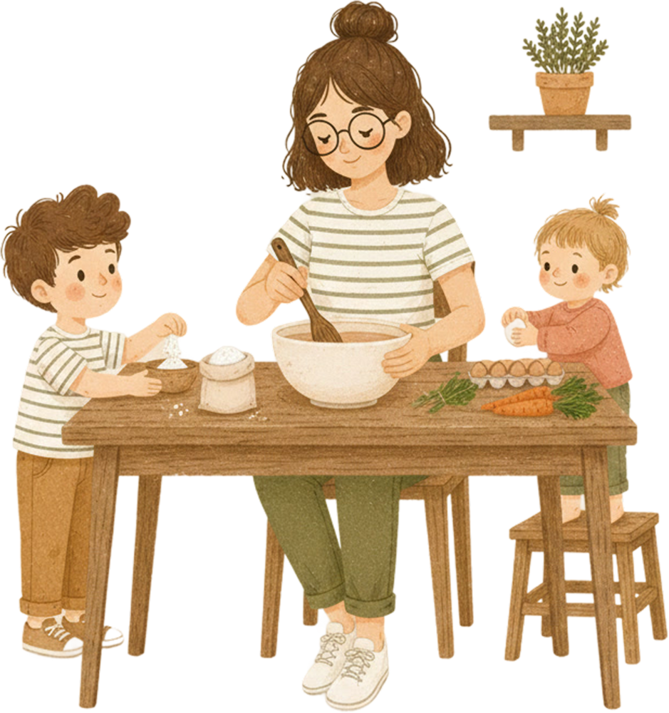 Maman préparant des plats maison avec ses enfants